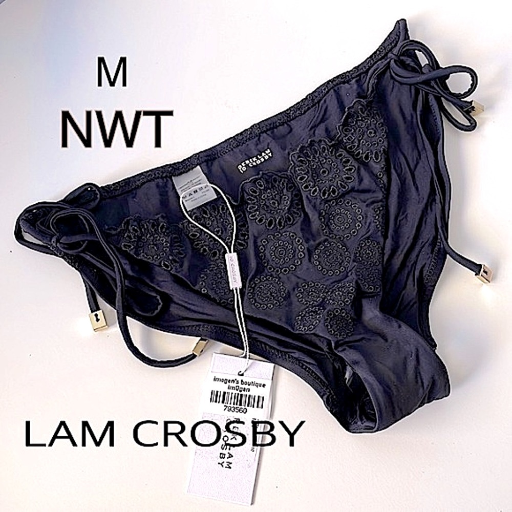 NWT(M) 10 CROSBY DEREK LAM black bikini string tie gold hardware lace ruffle